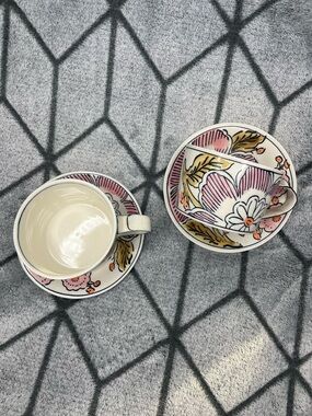 Molly Hatch Anthro American Folk Flower Floral Design Ceramic Teacup Saucer Set